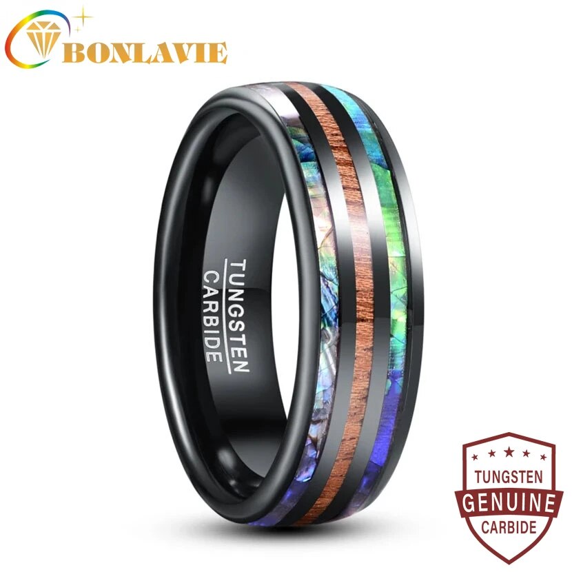 【送料無料】 指輪 リング 動物 アニマル タングステン 黒 ブラック アワビ シェル メンズ 男性 8mm 電気 象眼細工 貝殻 木 ウッド ツリー 粒 ドーム カーバイド ファッション 結婚式 ウェディング ジュエリー ベスト ギフト