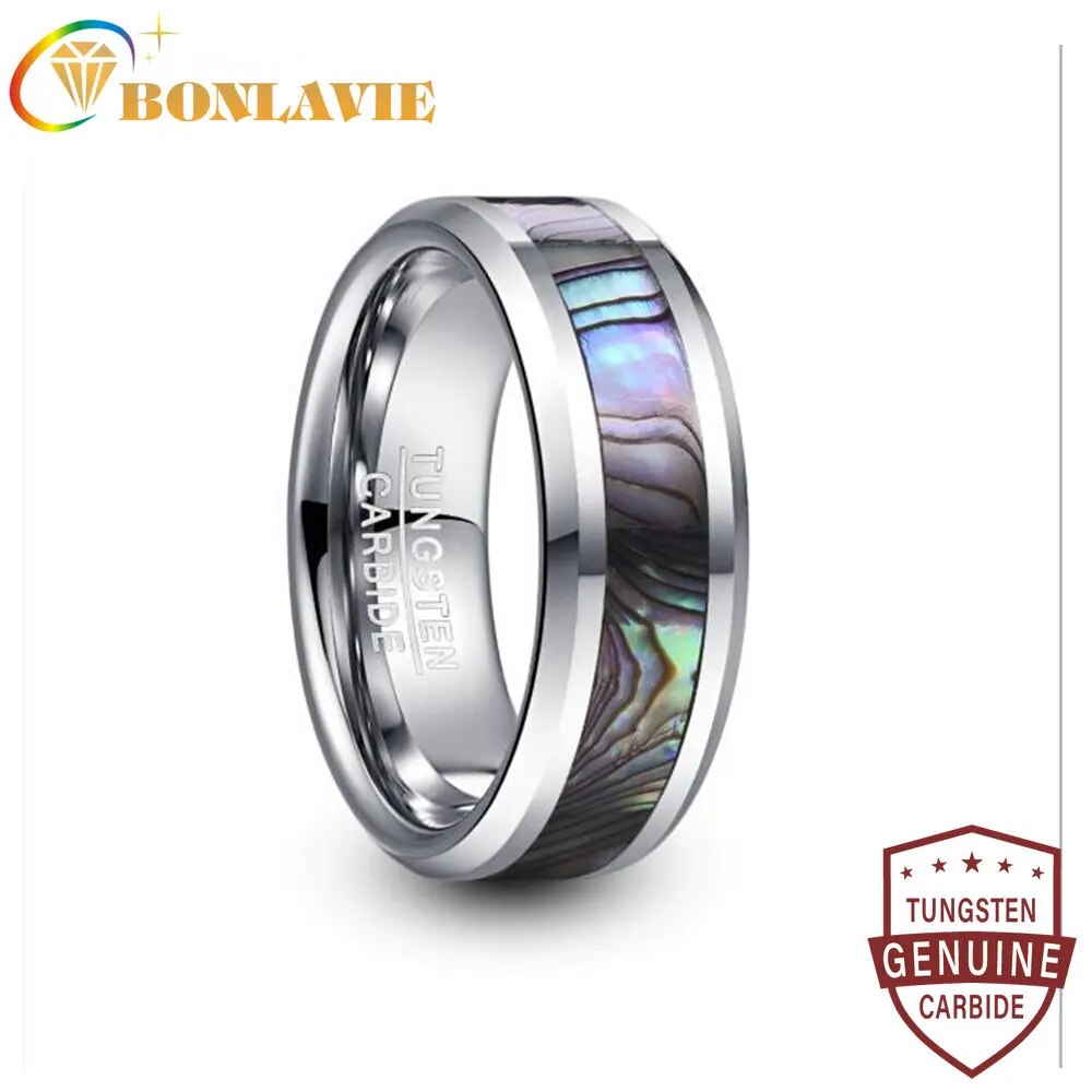 【クーポン利用で7970円】 指輪 リング 動物 アニマル タングステン アワビ シェル メンズ 男性 8mm 幅 カーバイド 結婚式 ウェディング バンド スチール カラー 象眼細工 貝殻