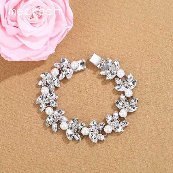 【送料無料】 バングル レディース クリスタル 葉 ブライダル おしゃれ 大人 かわいい ブレスレット フェイク パール リンク チェーン 結婚式 ウェディング...