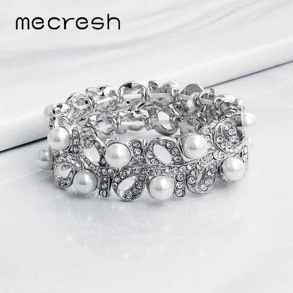 【送料無料】 バングル レディース クリスタル シルバー カラー おしゃれ 大人 かわいい フェイク パール ブライダル ブレスレット ジュエリー 葉 フレキシ...