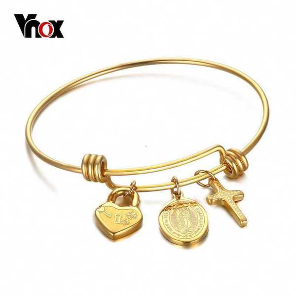 【送料無料】 バングル ブレスレット クロス マリア ビンテージ フリーサイズ おしゃれ アジャスタブル ゴールド マザー チャーム ワイヤー 調整可能 母