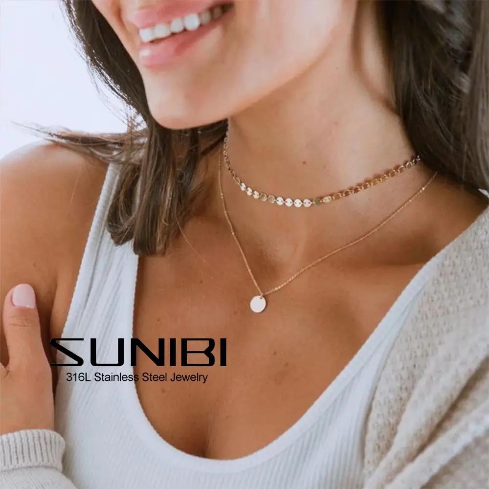 【送料無料】 チョーカー ペンダント ネックレス ステンレス チェーン レディース 女性 2個 デイリー レイヤー セット ガール スチール ディスク パーティ...