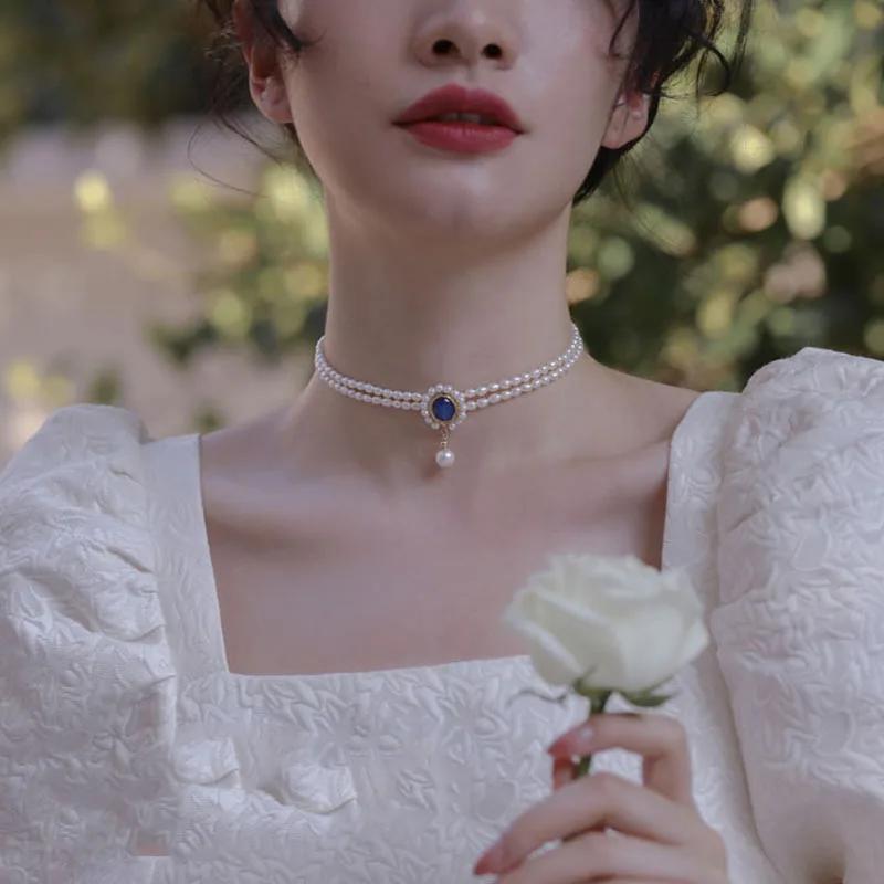 【送料無料】 チョーカー ネックレス クリスタル ビンテージ 青 ブルー フランス ゴールド シンプル パール レディース トレンド イミテーション カラー パ...