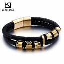 【クーポン利用で7900円】 バングル ブレスレット ステンレス ビンテージ ゴールド ブラック レザー メンズ ダブル レイヤー 22cm スチール チャーム...