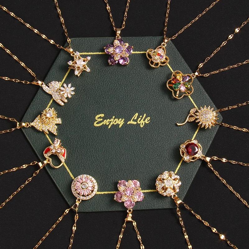 【送料無料】 ペンダント ネックレス ジルコニア クローバー チェーン プラント チタン 植物 レディース クリエイティブ デザイン ジルコン ラッキー 四つ葉 回転 スチール ジュエリー