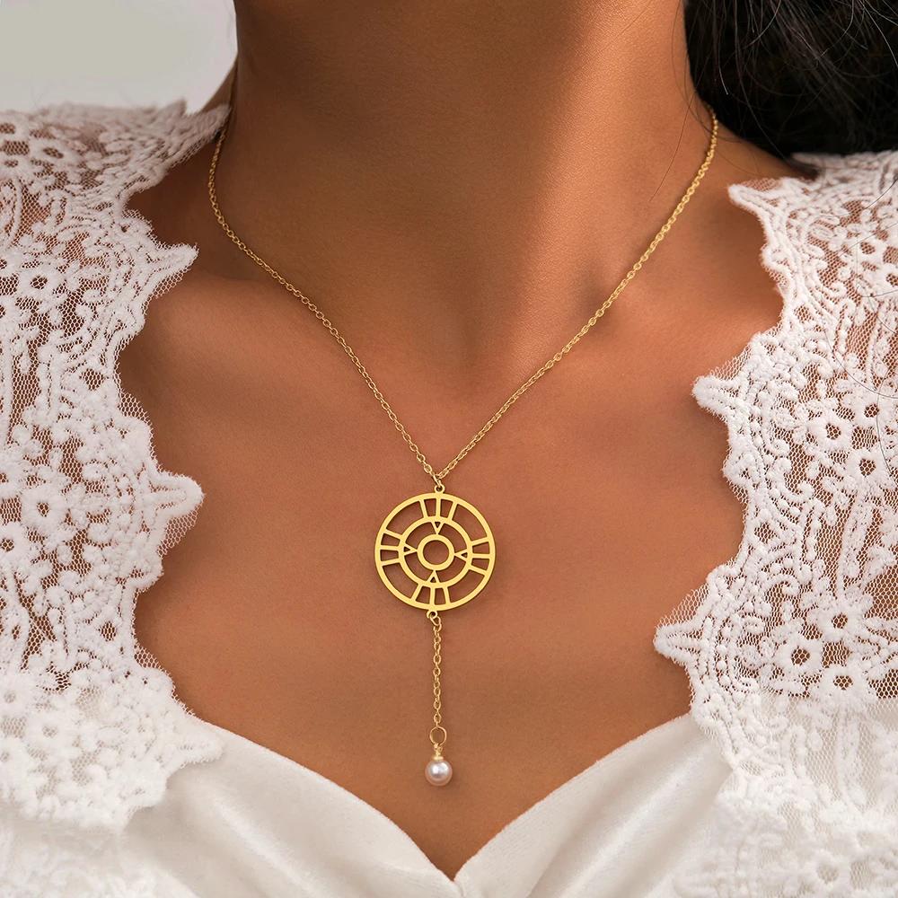 【送料無料】 チョーカー ペンダント ネックレス ステンレス チェーン ラウンド パール レディース スチール ローマ コンパス タッセル チャーム ファッショ...