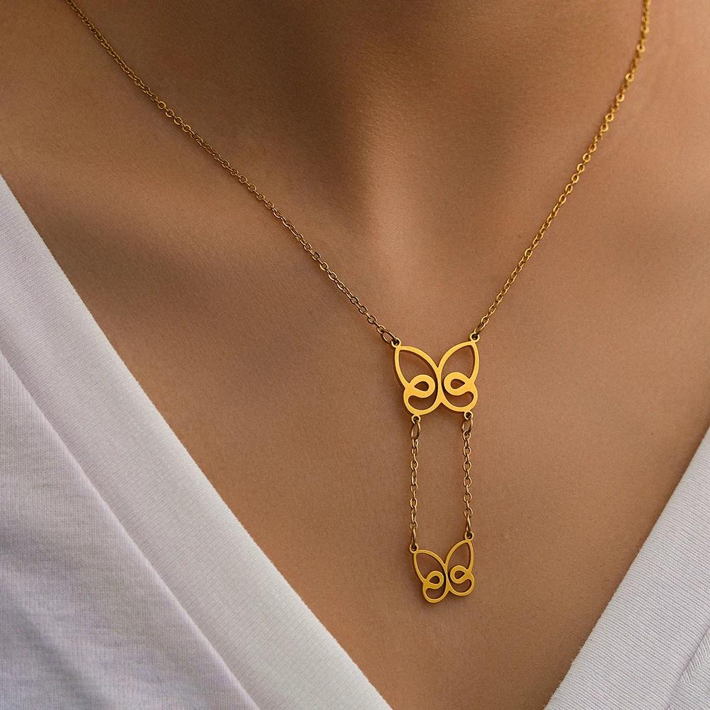 【送料無料】 チョーカー ペンダント ネックレス 蝶 バタフライ ステンレス ビンテージ インセクト チェーン 昆虫 レディース スチール タッセル ファッショ...