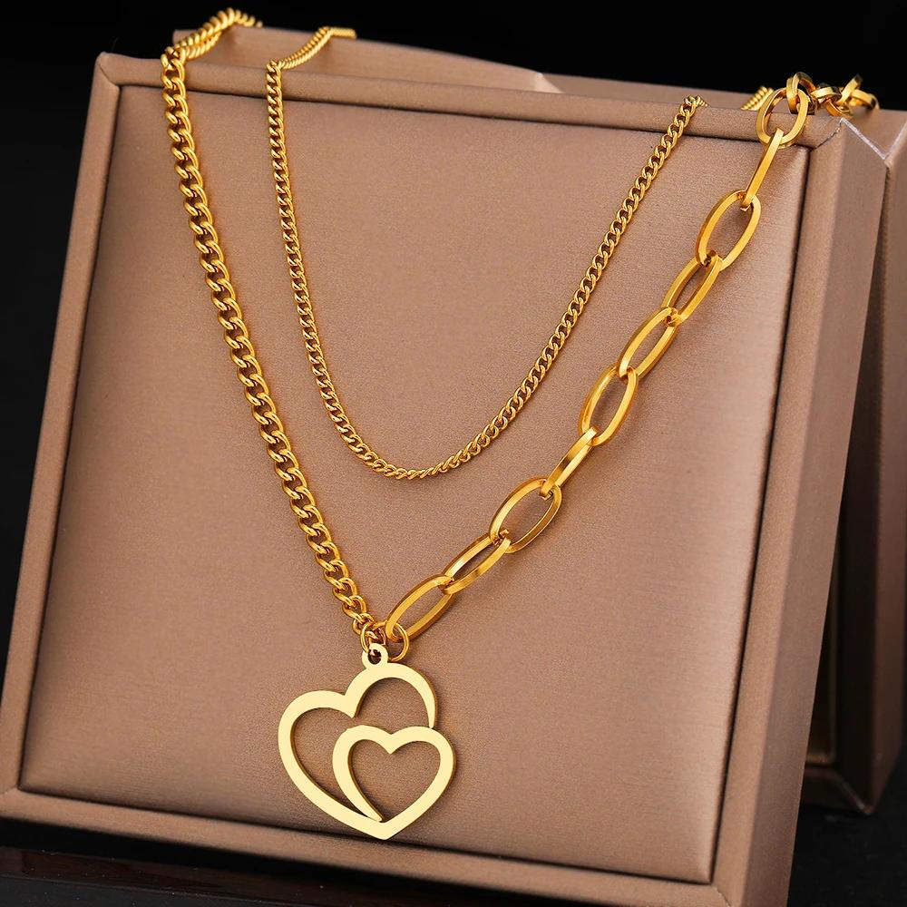 【送料無料】 チョーカー ペンダント ネックレス ステンレス チェーン ハート レディース スチール エレガント ダブル kpop ゴシック 多層 マルチレイヤ...