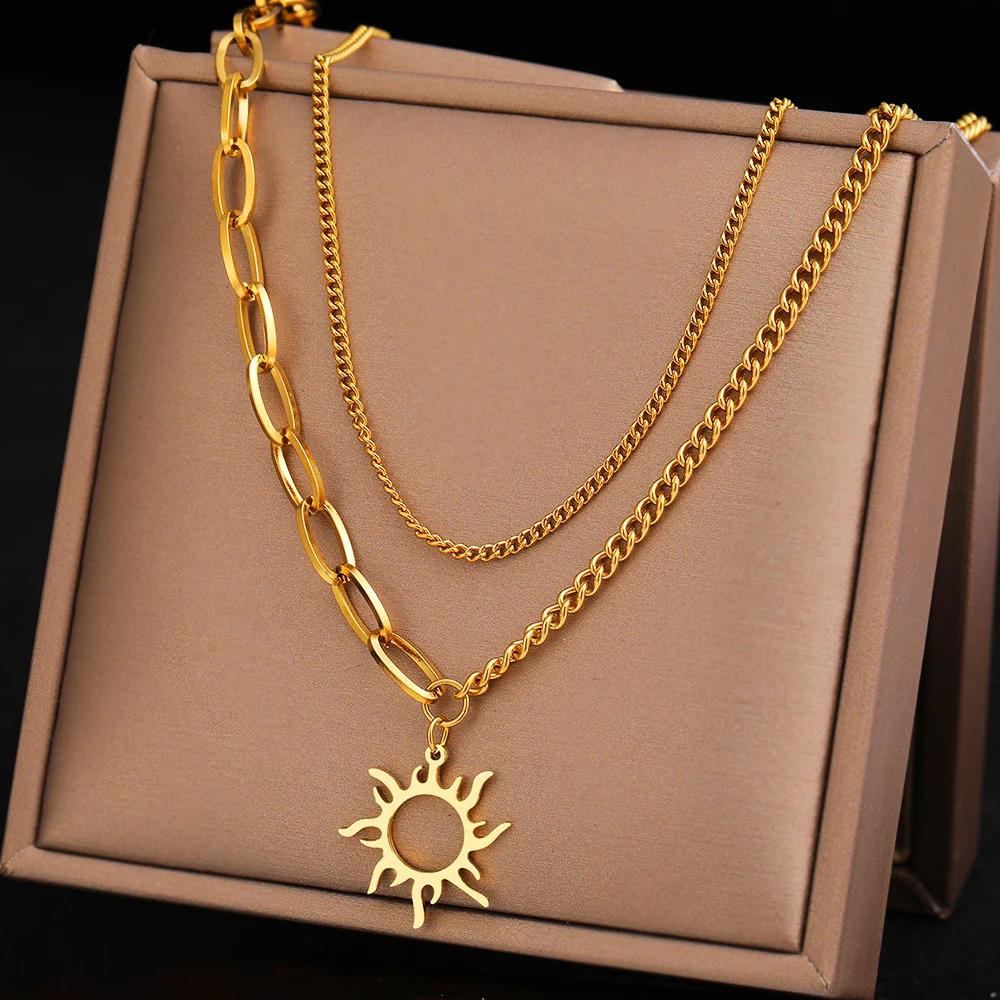 【送料無料】 チョーカー ペンダント ネックレス ステンレス チェーン レディース スチール ライト 贅沢 太陽 トーテム ファイン kpop 多層 マルチレイ...