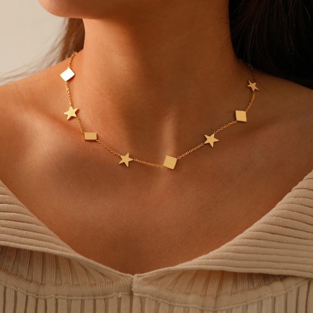【送料無料】 チョーカー ネックレス ステンレス スクエア チェーン シンプル 星 レディース スチール ハラジュク スター 四角 ストリートウェア グランジ ...