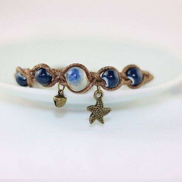 【送料無料】 ハンド エスニック ひとで 織 セラミック 陶器 おしゃれ 大人 磁器 ビーズ ブレスレット レディース チャーム ストリング バングル