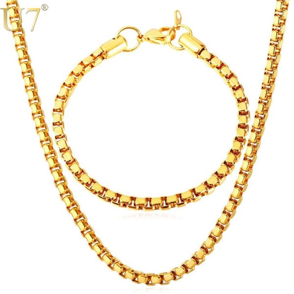 【クーポン利用で4390円】 ゴールド レディース メンズ ジュエリー ステンレス 5mm ボックス リンクチェーン ネックレス ブレスレット セット パーティ...