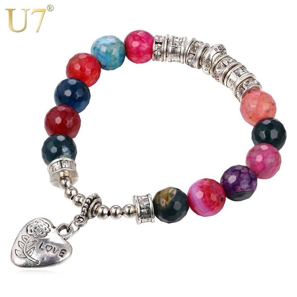 【送料無料】 アンティーク シルバー チャーム ブレスレット バングル トレンド ハート ビーズ ジュエリー 人気 レディース おしゃれ 大人 数珠 カラー ト...