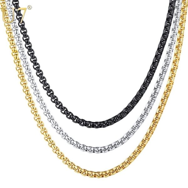 【送料無料】 3mm ボックス リンク チェーン ネックレス ロック ヒップ ホップ ファッション ステンレス シルバー ブラック 黒 ジュエリー ゴールド レ...