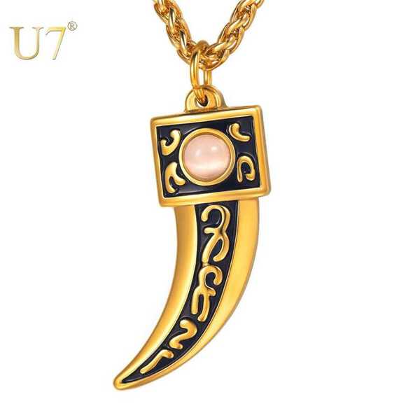 【送料無料】 ペンダント ネックレス オオカミ 狼 チェーン ストーン オパール 真珠 レディース 女性 メンズ 男性 クリスマス ジュエリー ナチュラル ギフト 歯 牙 パンク ウルフ(4)