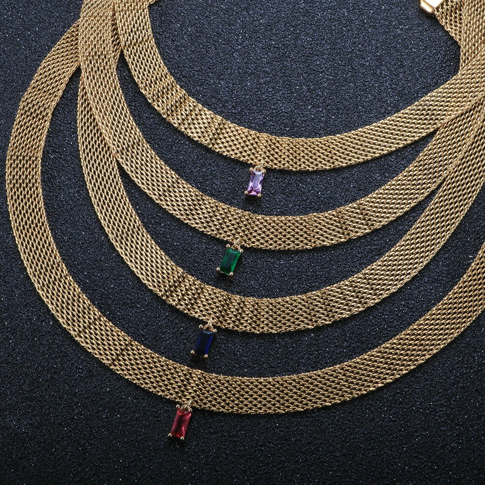 【送料無料】 チョーカー ペンダント ネックレス ジルコニア ビンテージ キューバ スクエア チェーン チタン レディース 新しい 長方形 四角 ジルコン スチ...