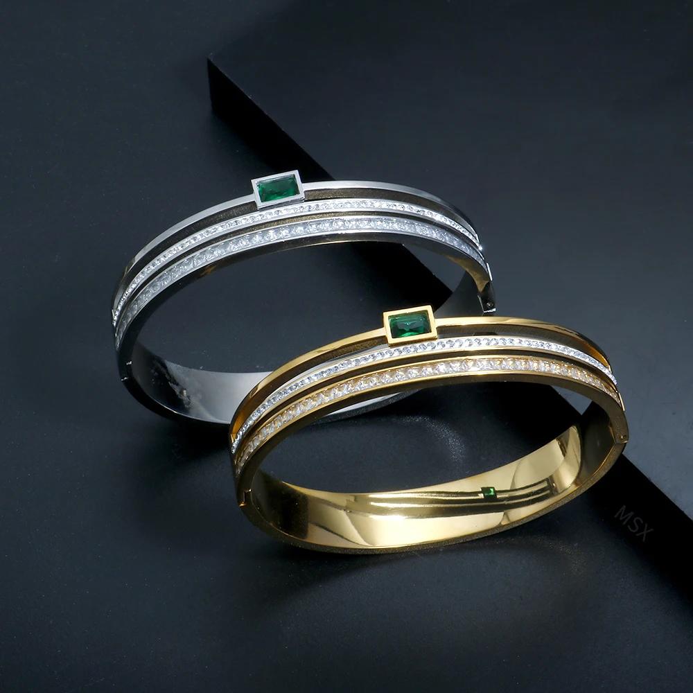 【クーポン利用で5450円】 ブレスレット 白 ホワイト 緑 グリーン ジルコニア ステンレス レディース ラブ 幅 3 レイヤー スチール 贅沢 ジュエリー ジルコン 象眼細工 デイリー(4)