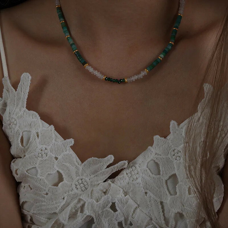 【送料無料】 チョーカー ネックレス 白 ホワイト 緑 グリーン ビンテージ チェーン ストーン ビーズ レディース ナチュラル ジュエリー ノーブル エレガン...