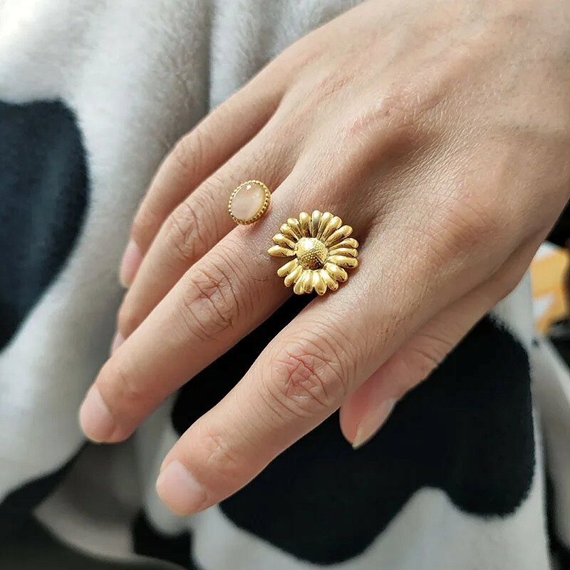  指輪 リング 花 フラワー ステンレス デイジー ストーン ピンク レディース オープン スチール カクテル ステートメント ジュエリー 面白い ホリデー