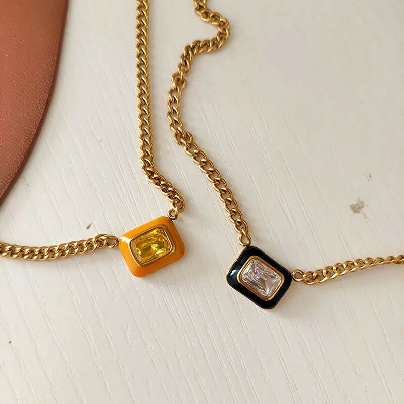 【クーポン利用で5920円】 ネックレス ステンレス スクエア ストーン シンプル レディース カラー ジェムストーン 長方形 四角 エナメル スチール エレガント ジュエリー デイリー 非 ターニッシュ