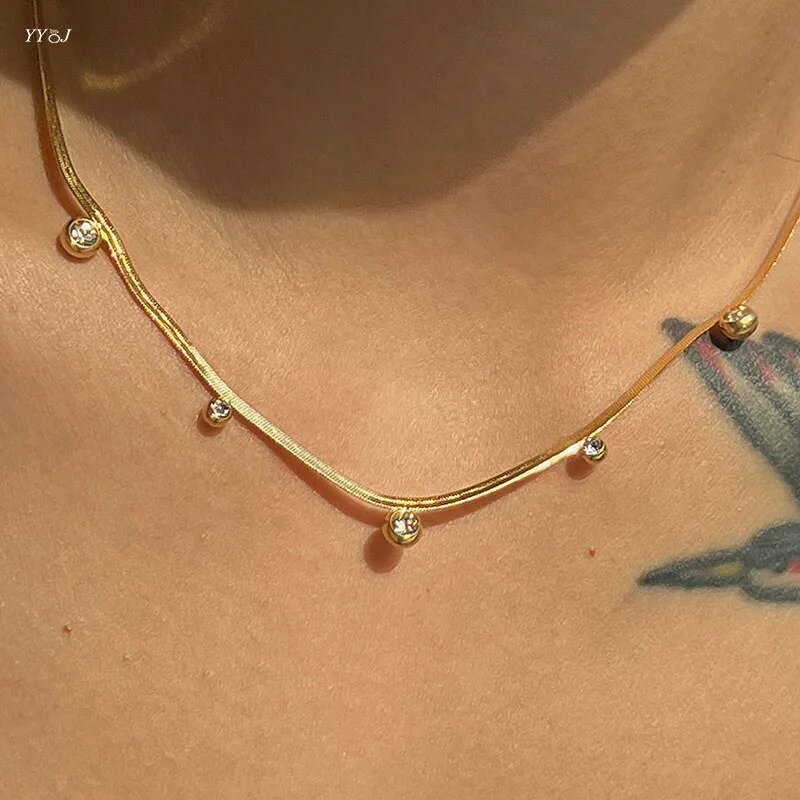 【送料無料】 ネックレス ステンレス チェーン ラウンド ストーン レディース CZ チャーム ヘリンボーン スチール ミニマリスト エレガント ジュエリー 新しい(4.0)