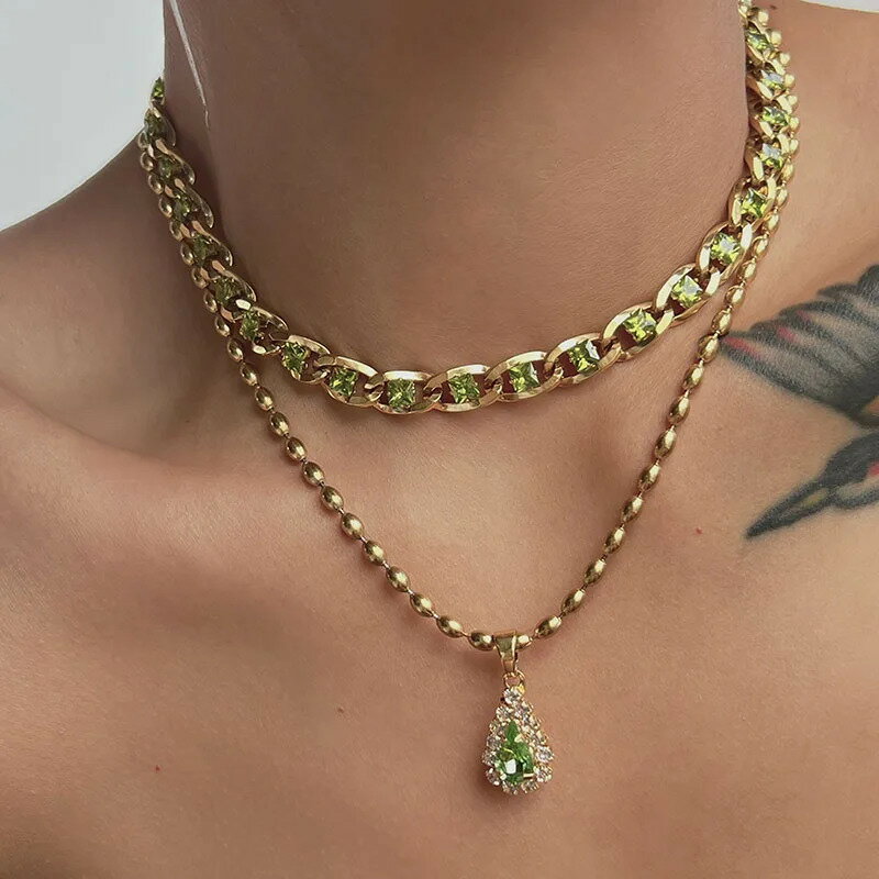 【送料無料】 チョーカー ネックレス 黒 ブラック 緑 グリーン ジルコニア ステンレス チェーン ピック レディース キュービック ジルコン スチール デイリー ミニマリスト 繊細 ジュエリー