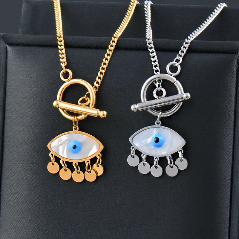 【送料無料】 チョーカー ペンダント ネックレス 白 ホワイト ステンレス 青 ブルー ゴールド シルバー チェーン シェル レディース ファッション 貝殻 悪 エビル 目 アイズ カラー スチール