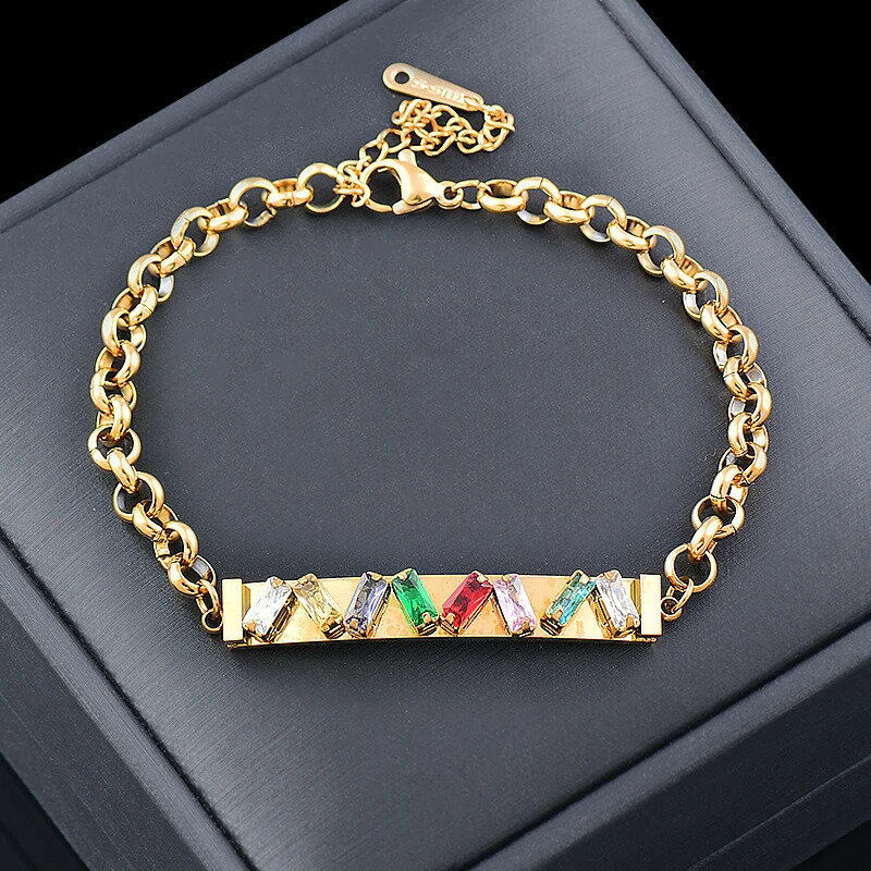 【送料無料】 ブレスレット 緑 グリーン ジルコニア ステンレス 赤 レッド ゴールド スクエア ピック レディース スチール カラー 長方形 四角 キュービック ジルコン ファッション ジュエリー