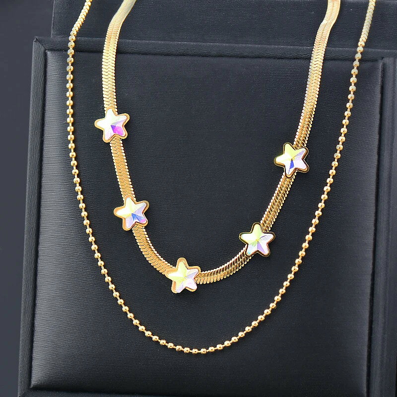 【送料無料】 チョーカー ネックレス クリスタル ステンレス ゴールド 星 レディース スチール カラー 2 レイヤー スター ネック パーティ アクセサリー ...