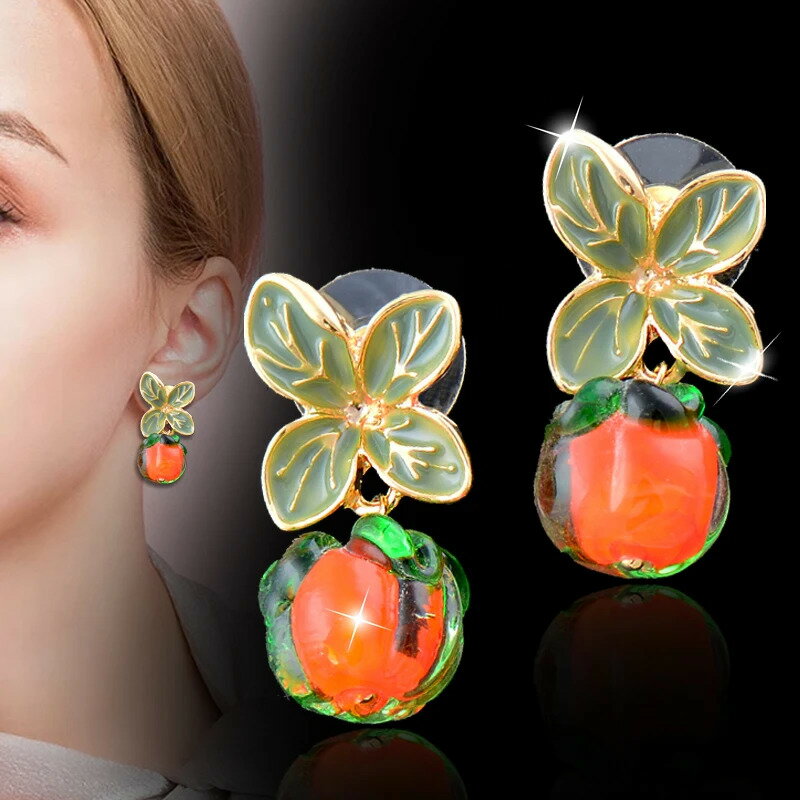 【クーポン利用で3670円】 ピアス 花 フラワー オレンジ ドロップ フルーツ プラント カラス ポール 木..