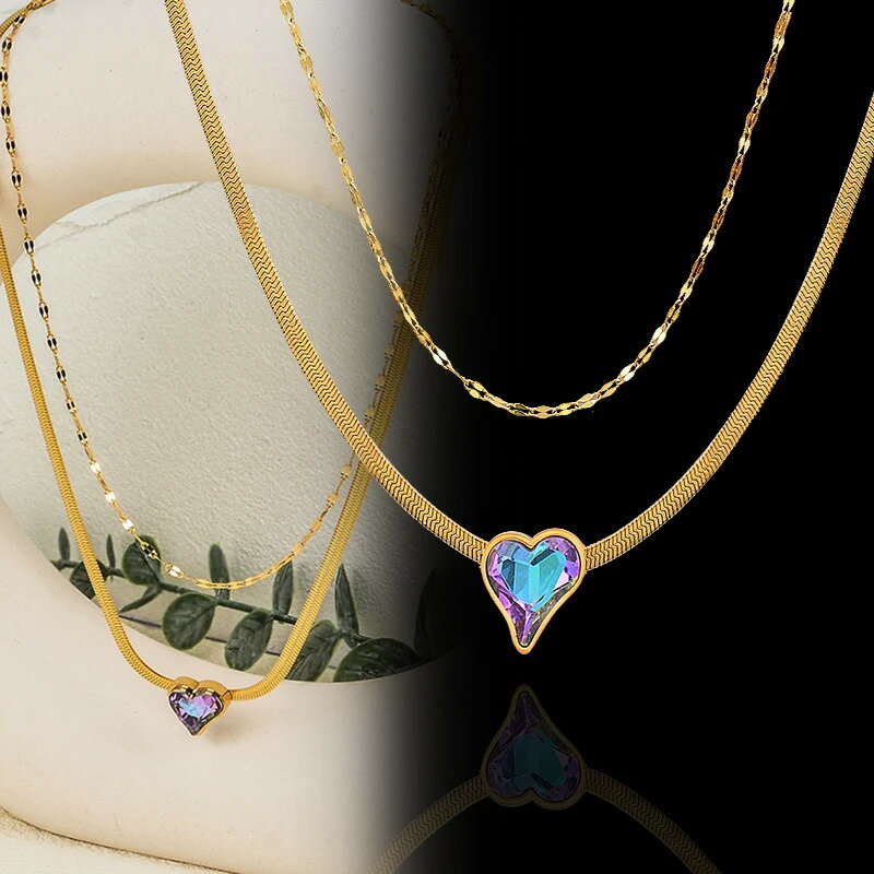 【送料無料】 チョーカー ペンダント ネックレス クリスタル ステンレス チェーン ハート レディース スチール 2 レイヤー ファッション ジュエリー