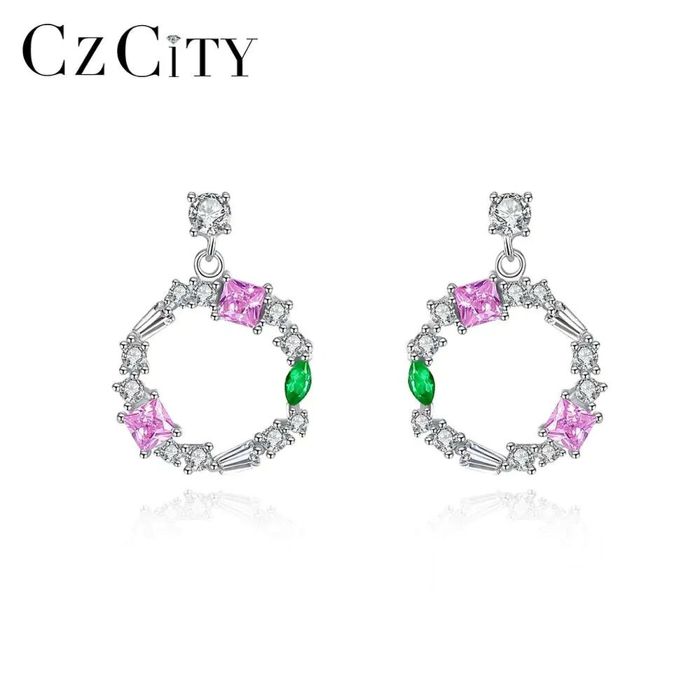 Pink - 【クーポン利用で8460円】 ピアス 緑 グリーン 紫 パープル クリスタル シルバー ドロップ フープ リング レディース スターリング 925 ファイン ジュエリー ブール 耳 クリスマス ギフト