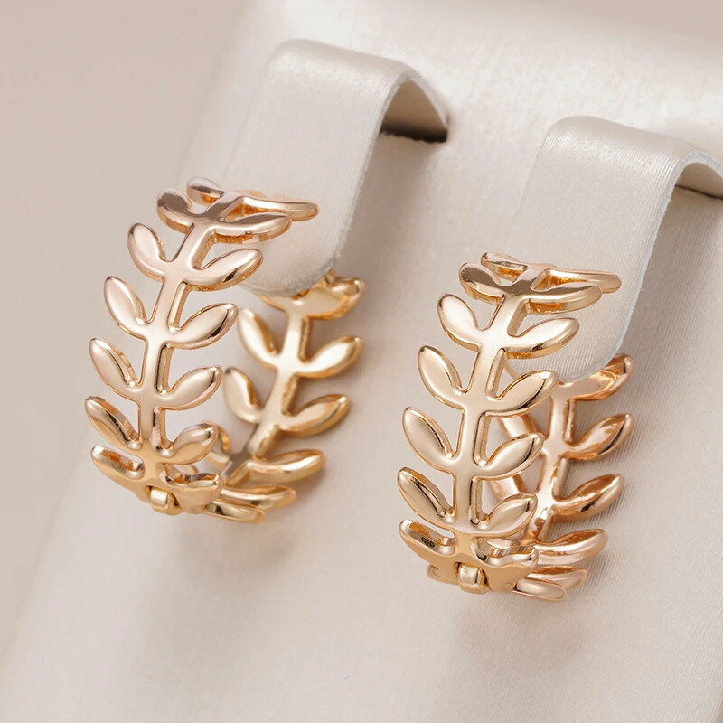 【送料無料】 ピアス ゴールド シンプル フープ 木の葉 リーフ レディース 光沢 585 ローズ カラー 透かし ハイ 品質 デイリー ファイン ジュエリー