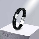 【クーポン利用で4880円】 バングル ブレスレット 黒 ブラック ストーン クロス レザー ビーズ メンズ ボーイ ナチュラル リストバンド 編組 PU 宗教...