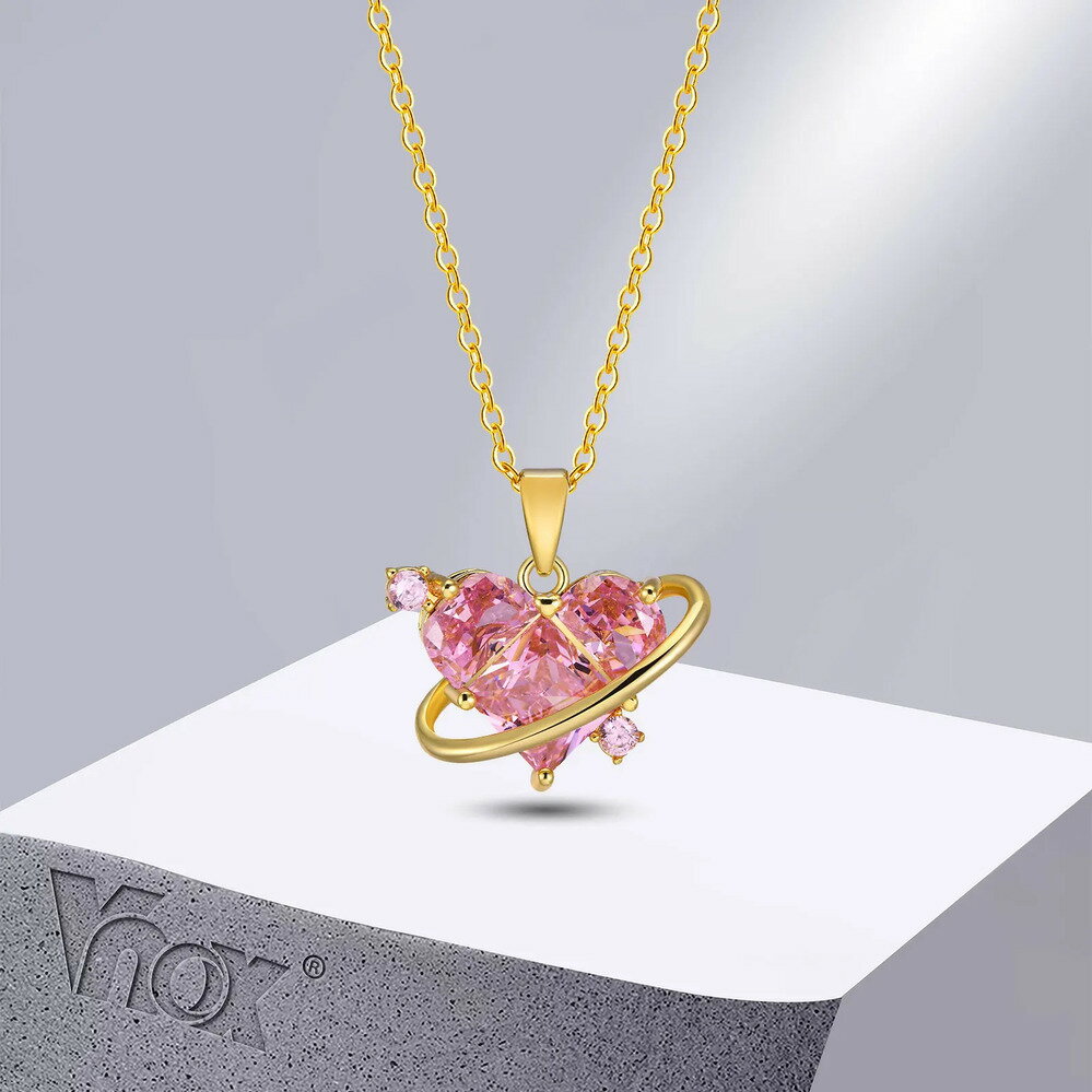 【送料無料】 ペンダント ネックレス ジルコニア チェーン ストーン ピンク ハート ピック O レディース 大 キュービック ジルコン 調整可能 衛星 形 シェープ 襟 アクセサリー