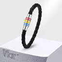 【クーポン利用で4450円】 バングル ブレスレット 黒 ブラック レインボー サークル レザー メンズ 虹 チャーム 編組 PU LGBT プライド ゲイ ア...