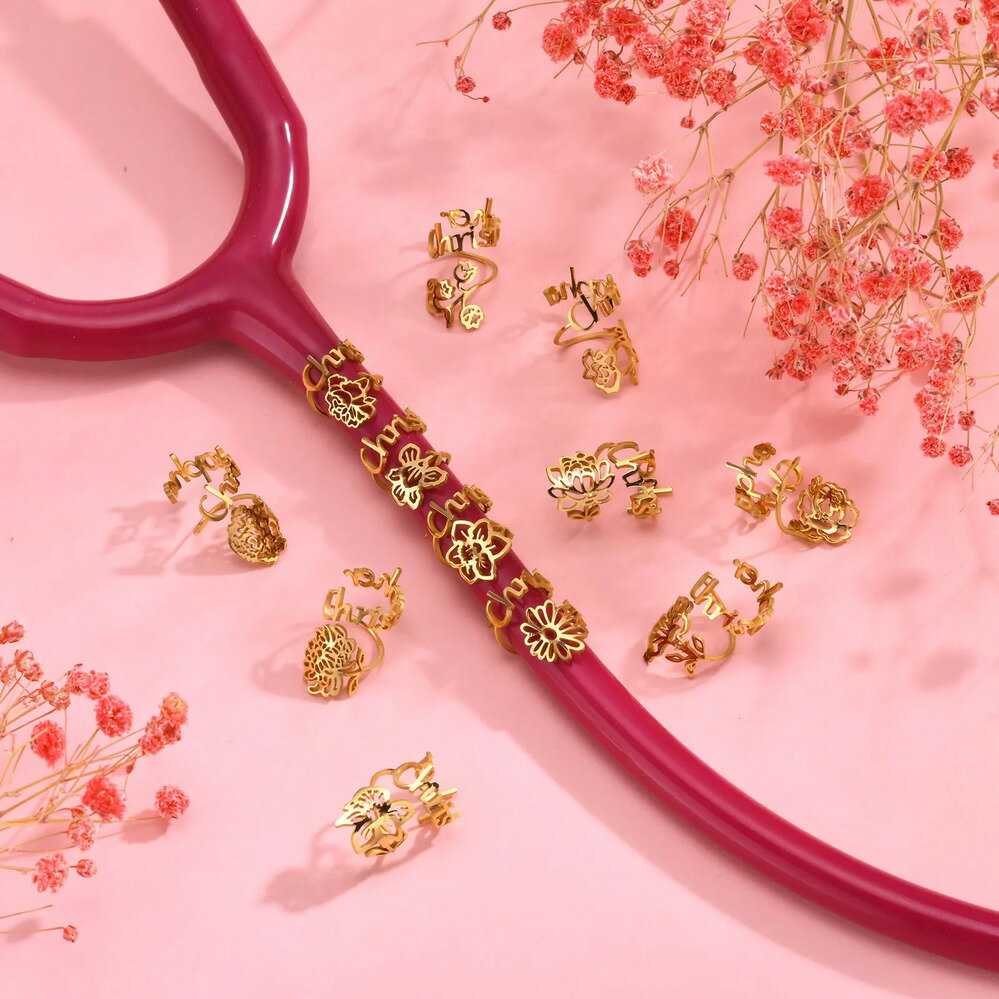 【送料無料】 聴診器 花 フラワー ネーム タグ メンズ レディース パーソナライズ 誕生 チャーム ラベル ID アクセサリー ギフト 看護士 ナース 医者 ...