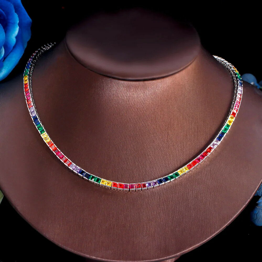 【送料無料】 チョーカー 指輪 リング ネックレス マルチカラー ジルコニア スクエア チェーン シンプル テニス ピック レディース トレンド キュービック ...