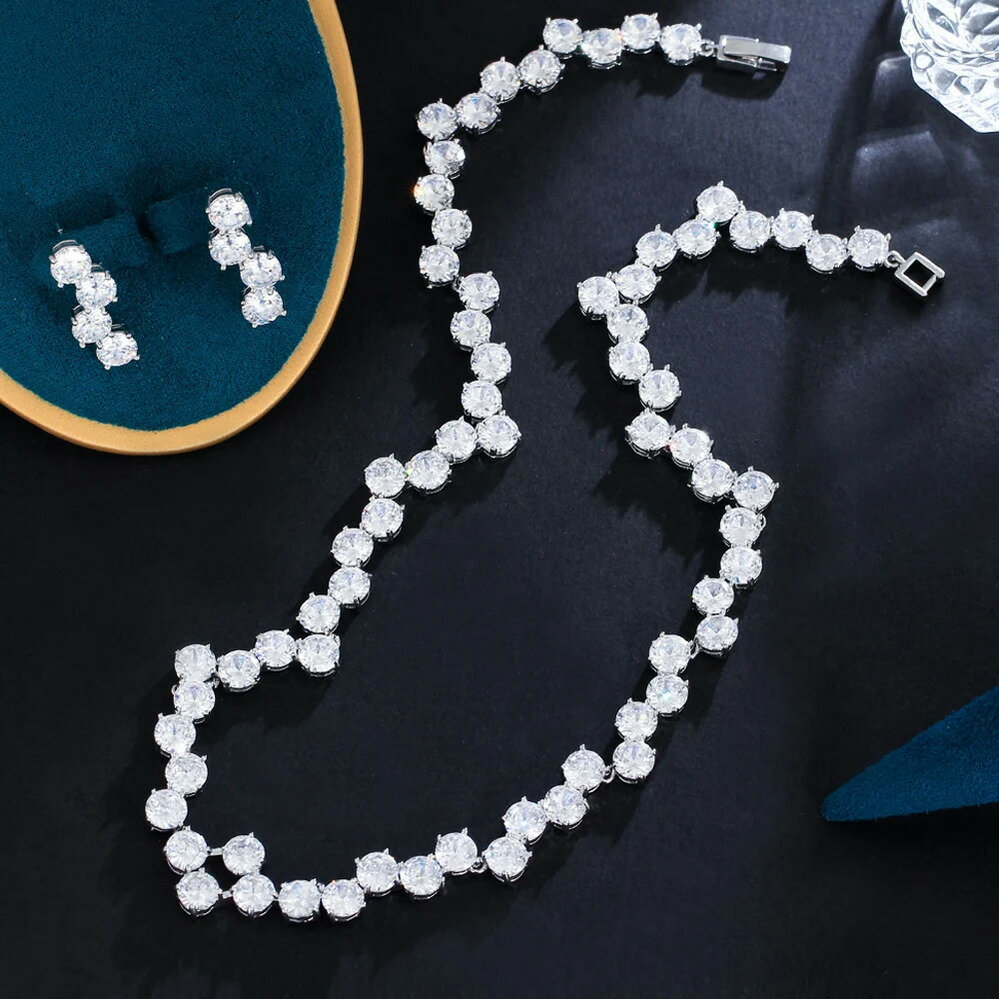 【送料無料】 チョーカー ピアス ネックレス ジルコニア ブライダル シルバー ラウンド ピック レディース 素晴らしい キュービック ジルコン カラー CZ ...