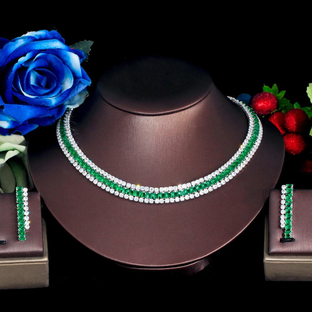 【送料無料】 チョーカー ピアス ネックレス 緑 グリーン ジルコニア シルバー レディース エレガント CZ ジルコン カラー ファッション イブニング パー...