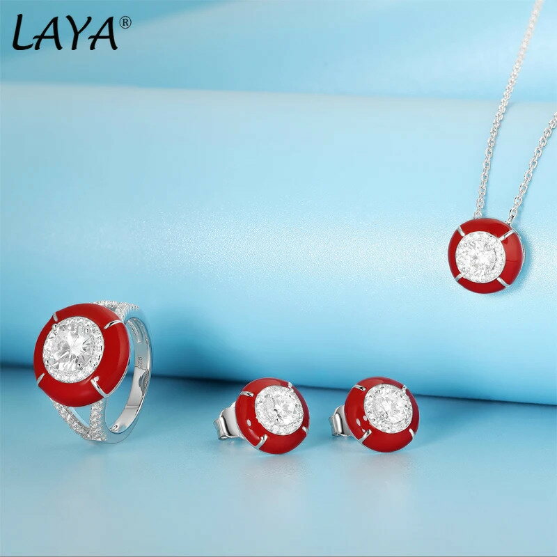 楽天FineJewelrys【送料無料】 ピアス 指輪 リング ネックレス ジルコニア 赤 レッド シルバー レトロ レディース 100％ 925 スターリング セット スタイル シャイニング ジルコン エナメル ジュエリー トレンド