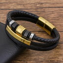 【クーポン利用で4830円】 バングル ブレスレット ステンレス レザー メンズ 多層 マルチレイヤー 編組 幾何学 スチール マグネット 留め金 クラスプ チ...