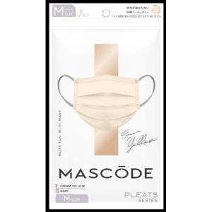 MASCODE マスコード プリーツマスク Mサイズ クリームイエロー×グレー紐 (7枚入) ＜マスク 不織布 バイカラーマスク 血色マスク マスク 立体 息がしやすい 耳が痛くならない＞