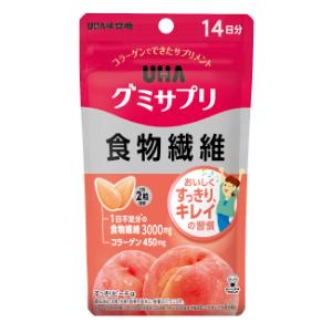 「使用方法」1日2粒を目安によく噛んでお召し上がりください。 開封後は、チャックをしっかり閉めてお早めにお召し上がりください。 「成分」食物繊維（国内製造）、砂糖、コラーゲン、濃縮果汁（りんご、ピーチ）／微結晶セルロース、グリセリン、酸味料、香料、甘味料（ステビア、アセスルファムK）、光沢剤、着色料（アントシアニン）、（一部にもも・りんご・ゼラチンを含む）「使用上の注意」本品は、多量摂取により疾病が治癒したり、より健康が増進するものではありません。 1日の摂取目安量を守ってください。 乳幼児・小児は本品の摂取を避けてください。 万一体質に合わない場合は、摂取を中止してください。 薬を服用中あるいは通院中や妊娠・授乳中の方は、医師とご相談の上お召し上がりください。 お子様の手の届かないところに保管してください。 高温のところに放置しますと製品がやわらかくなり付着したり、変形することがあります。 歯科治療材がとれる場合がありますのでご注意ください。 「問い合わせ先」味覚糖株式会社　お客様相談センター「TEL」0120-557-108祝日を除く 月〜金曜日 9:00〜17:00「製造販売元」味覚糖株式会社「住所」〒540-0016 大阪市中央区神崎町4番12号「原産国」日本「商品区分」健康食品 「文責者名」 株式会社ファインズファルマ 舌古　陽介(登録販売者) 「連絡先」 電話：0120-018-705 受付時間：月〜金　9：00〜18：00 (祝祭日は除く) ※パッケージデザイン等、予告なく変更されることがあります。ご了承ください。