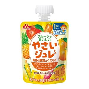 「使用方法」・開封後はすぐにあげてください。 ・誤飲防止のため、キャップは大人の方が開封してください。 ・容器のフチでケガをしないようにご注意ください。 ・高温・凍結により食感が変わったり、水分が分離することがあります。 ・容器が落下・衝撃等により破損しますと衛生性が損なわれます。取り扱いには十分注意して下さい。「成分」原材料：果実(りんご、パインアップル、オレンジ、レモン)、野菜(にんじん、かぼちゃ、とうもろこし、さつまいも)、果糖ぶどう糖液糖、寒天、ゲル化剤(増粘多糖類)、酸味料 栄養成分(70g当たり)：エネルギー 36kcal、脂質 0g、ナトリウム 15mg、たんぱく質 0.2g、炭水化物 8.7g、ショ糖 1.6g アレルギー物質：りんご・オレンジ「使用上の注意」高温・直射日光を避け保存してください。「問い合わせ先」森永乳業株式会社「TEL」0120-303-633平日9：00〜17：30「製造販売元」森永乳業株式会社「住所」〒108-8384 東京都港区芝5-33-1「原産国」日本「商品区分」健康食品 「文責者名」 株式会社ファインズファルマ 舌古　陽介(登録販売者) 「連絡先」 電話：0120-018-705 受付時間：月〜金　9：00〜18：00 (祝祭日は除く) ※パッケージデザイン等、予告なく変更されることがあります。ご了承ください。