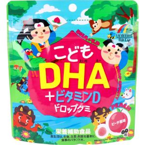 「使用方法」【召し上がり方】 栄養補助食品として1日3粒を目安に、よくかんでお召し上がりください。「成分」【原材料】 砂糖（国内製造、タイ製造）、水あめ、DHA含有精製魚油、ピーチ果汁、粉末オブラート、パープルキャロットエキス、でん粉／ソルビトール、ゲル化剤（ペクチン）、pH調整剤、乳化剤、香料、光沢剤、増粘剤（アラビアガム）、ビタミンE、ビタミンD、（一部にもも・大豆を含む） 【栄養成分表示】 （3粒（標準3g）当たり） エネルギー：12kcal、たんぱく質：0g、脂質：0．15g、炭水化物：2．65g、食塩相当量：0．007g、ビタミンD：2．7μg、DHA：45．1mg、EPA：5．2mg「使用上の注意」【使用上の注意】 ●体に合わない時は、ご使用をおやめください。 ●まれに色が変わる場合がありますが、品質には問題ありません。 ●使用している原材料の性質上、特有の匂いがする場合がありますが、品質には問題ありません。 ●お子様やお年寄りの方が召し上がる際には、保護者の方が付き添いの上、のどにつまらせないようご注意ください。 【保管及び取扱い上の注意】 ●高温多湿、直射日光を避けて冷暗所（28℃以下）に保存してください。 ●開封後はチャックをしっかりと閉めて保管し、お早目にお召し上がりください。「問い合わせ先」株式会社ユニマットリケン「TEL」0120‐66‐2226午前10：00〜午後4：00（土、日、祝日を除く）「製造販売元」株式会社ユニマットリケン「住所」〒107-0062 東京都港区南青山2-7-28　ユニマット南青山仲通りビル3階「原産国」日本「商品区分」健康食品 「文責者名」 株式会社ファインズファルマ 舌古　陽介(登録販売者) 「連絡先」 電話：0120-018-705 受付時間：月〜金　9：00〜18：00 (祝祭日は除く) ※パッケージデザイン等、予告なく変更されることがあります。ご了承ください。