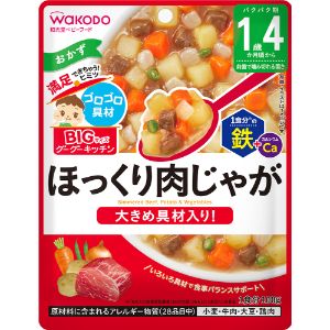 「使用方法」調理済みですので、そのまま召し上がれます。温めますといっそうおいしく召し上がれます。「成分」＜原材料＞ 野菜（にんじん、たまねぎ、さやいんげん）、じゃがいも（国産）、牛肉加工品（牛肉、でん粉、海藻粉末、食塩）、かつお昆布だし、砂糖、しょうゆ（小麦・大豆を含む）、植物油脂、食塩、チキンブイヨン、米酢／増粘剤（加工でん粉）、炭酸カルシウム、クエン酸、ピロリン酸鉄 ＜栄養成分表示＞ 1袋（100g）当たり エネルギー・・・58kcal たんぱく質・・・1.8g 脂質・・・0.97g 炭水化物・・・8〜13g 食塩相当量・・・0.52g カルシウム・・・50mg 鉄・・・1.5〜2.4mg「使用上の注意」●レトルトパウチ食品は、加圧加熱殺菌を行うことで、常温で長期保存することができます。 保存料は使用しておりませんので、開封後は使いきり、食べ残しや作りおきはあげないでください。 ●月齢は目安です。お子さまの成長に合わせてご使用ください。 のどに詰まらせないよう、必ずそばで見守ってください。 ●離乳のすすめ方については、専門家にご相談ください。 【お湯で温める場合】 ※沸騰させて加熱を止めたお湯に入れて温めてください。 ※熱湯の取り扱いにご注意ください。 ※加熱後は中身が熱くなっていますので、やけどなどしないように開封には十分ご注意ください。 【電子レンジで温める場合】 ※ラップをとる際に、熱くなった中身がはねることがありますのでご注意ください。 ※袋のまま電子レンジで温めないでください。 ●温めた後は、軽くかき混ぜて、温度を確認してからお子さまにあげてください。 ※たまねぎの薄皮やさやいんげんの筋が口の中に残り、うまくのみこめないことがあります。「問い合わせ先」アサヒグループ食品株式会社「TEL」0120-88928310:00〜16:00（土・日・祝日を除く）「製造販売元」アサヒグループ食品株式会社「住所」東京都墨田区吾妻橋1-23-1「原産国」日本「商品区分」フード・飲料 「文責者名」 株式会社ファインズファルマ 舌古　陽介(登録販売者) 「連絡先」 電話：0120-018-705 受付時間：月〜金　9：00〜18：00 (祝祭日は除く) ※パッケージデザイン等、予告なく変更されることがあります。ご了承ください。