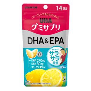 「使用方法」1日2粒を目安によく噛んでお召し上がりください。開封後は、チャックをしっかり閉めてお早めにお召し上がりください。「成分」砂糖（タイ製造、国内製造）、水飴、DHA含有精製魚油、コラーゲン、濃縮果汁（りんご、レモン）／甘味料（ソルビトール）、乳化剤、香料、酸化防止剤（ビタミンC、ビタミンE）、ゲル化剤（増粘多糖類）、環状オリゴ糖、緑茶抽出物、(一部にりんご・ゼラチンを含む)「使用上の注意」本品は、多量摂取により疾病が治癒したり、より健康が増進するものではありません。1日の摂取目安量を守ってください。 万一体質に合わない場合は、摂取を中止してください。 薬を服用中あるいは通院中や妊娠・授乳中の方は、医師とご相談の上お召し上がりください。お子様の手の届かないところに保管してください。 高温のところに放置しますと製品がやわらかくなり付着したり、変形することがあります。 歯科治療材がとれる場合がありますのでご注意ください。「問い合わせ先」味覚糖株式会社　お客様相談センター「TEL」0120-557-108祝日を除く 月〜金曜日 9:00〜17:00「製造販売元」味覚糖株式会社「住所」〒540-0016 大阪市中央区神崎町4番12号「原産国」日本「商品区分」健康食品 「文責者名」 株式会社ファインズファルマ 舌古　陽介(登録販売者) 「連絡先」 電話：0120-018-705 受付時間：月〜金　9：00〜18：00 (祝祭日は除く) ※パッケージデザイン等、予告なく変更されることがあります。ご了承ください。