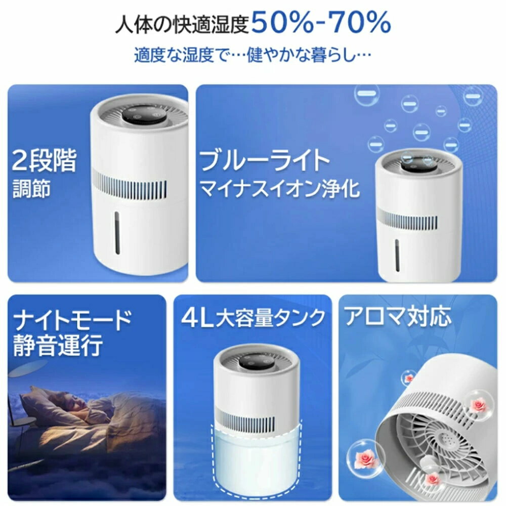【P10倍＋15％OFF★マラソン超安！】加湿器 気化式 小型 卓上 空気清浄 ハイブリッド 4000ml 大容量 加熱式 おしゃれ 除菌率99.9％ 段階調節 花粉 除菌 ウイルス対策 上から給水 空焚き防止 水漏れしない 静音エコ 軽量 お手入れ簡単 水量確認可能 省エネ usb 水量確認可能