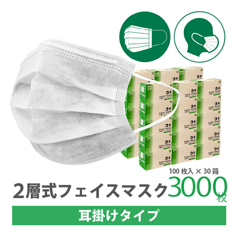 Rakuten - 【6/1 P5倍!】2層マスク 耳掛け 3,000枚 不織布 薄いマスク レギュラーサイズ 使い捨てマスク お徳用 業務用 涼しい 息しやすい 不織布マスク 男女兼用 耳掛けタイプ 二層構造 2ply 衛生マスク 衛生用品 [RF-I]